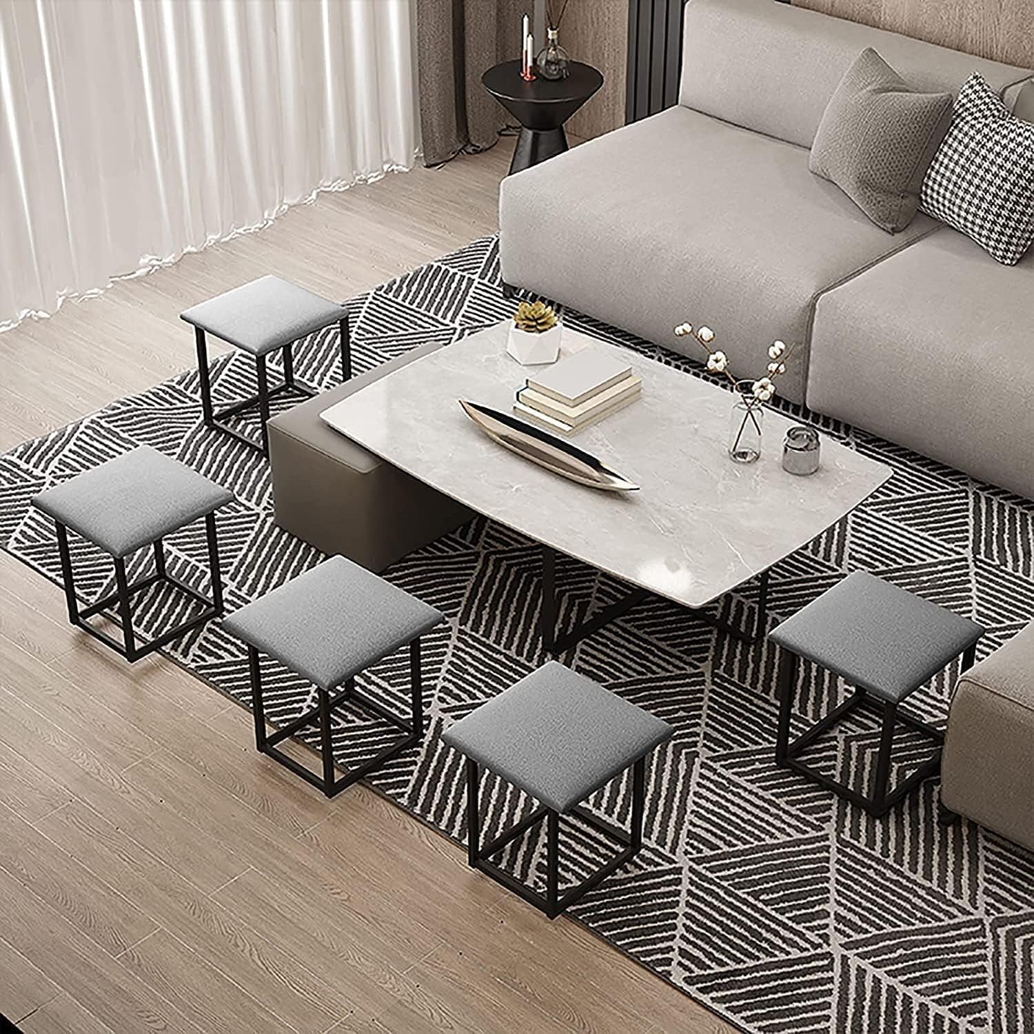 5-in-1 Nesting Ottoman Stools are Arranged in a Living Area.