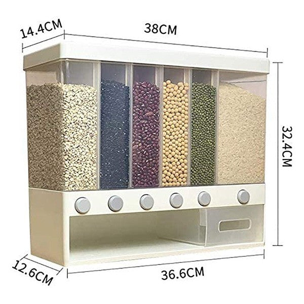 Wall Mounted 6 Grid Rectangular Food Grains Cereal Dispenser Storage Container