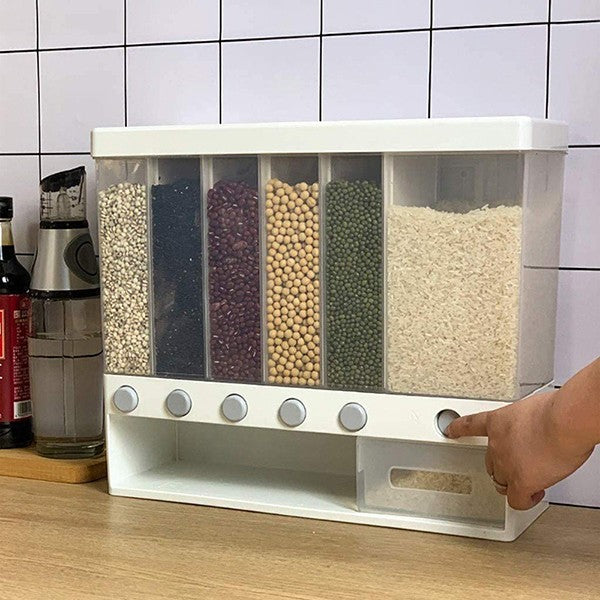Wall Mounted 6 Grid Rectangular Food Grains Cereal Dispenser Storage Container