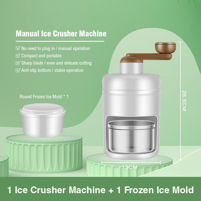 A portable manual ice crusher machine, designed for grinding and shaving ice