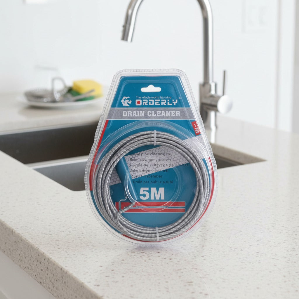 5M Drain Cleaner Spiral Tool is Kept on a Kitchen Countertop.