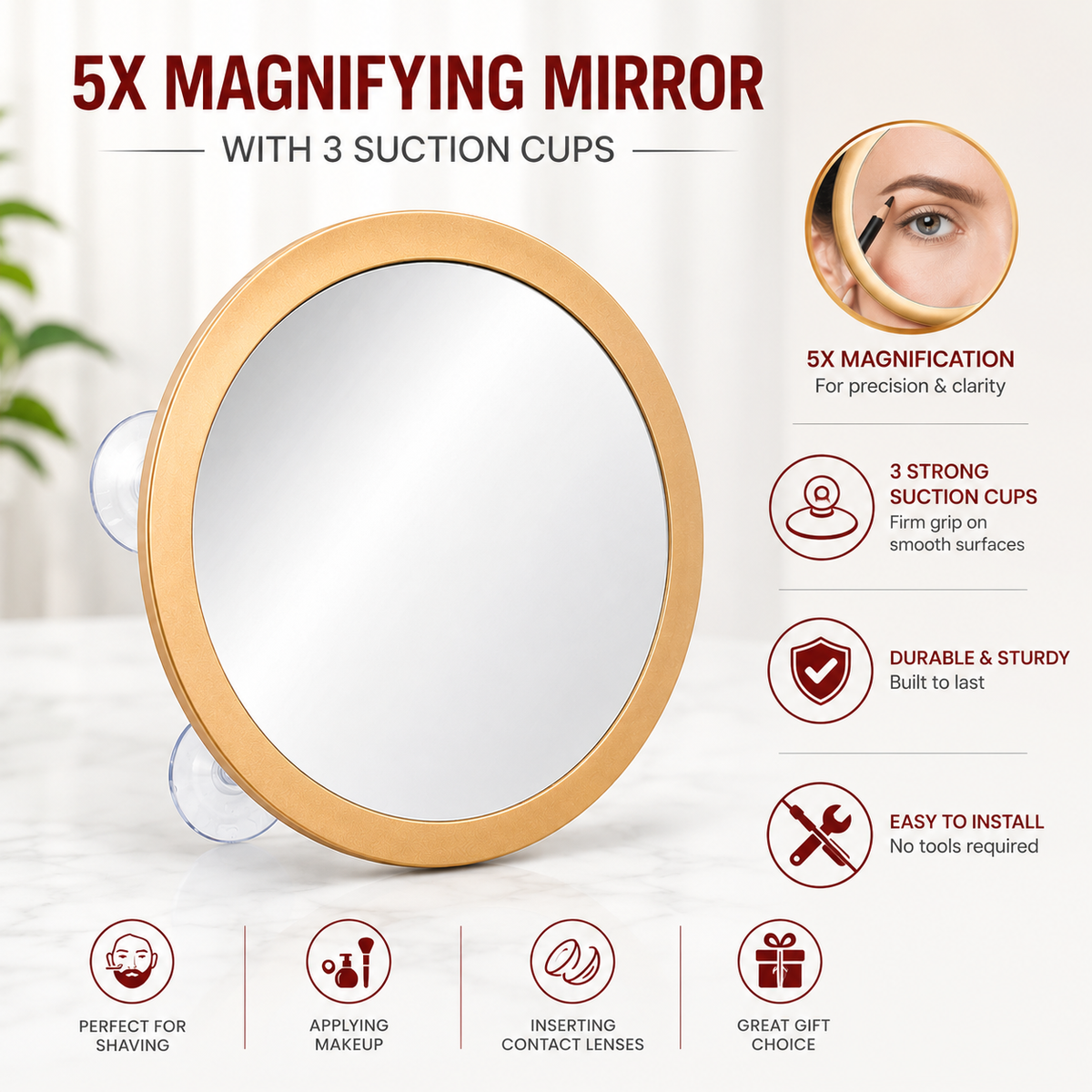 5x magnifying mirror with 3 suction cups on a white background