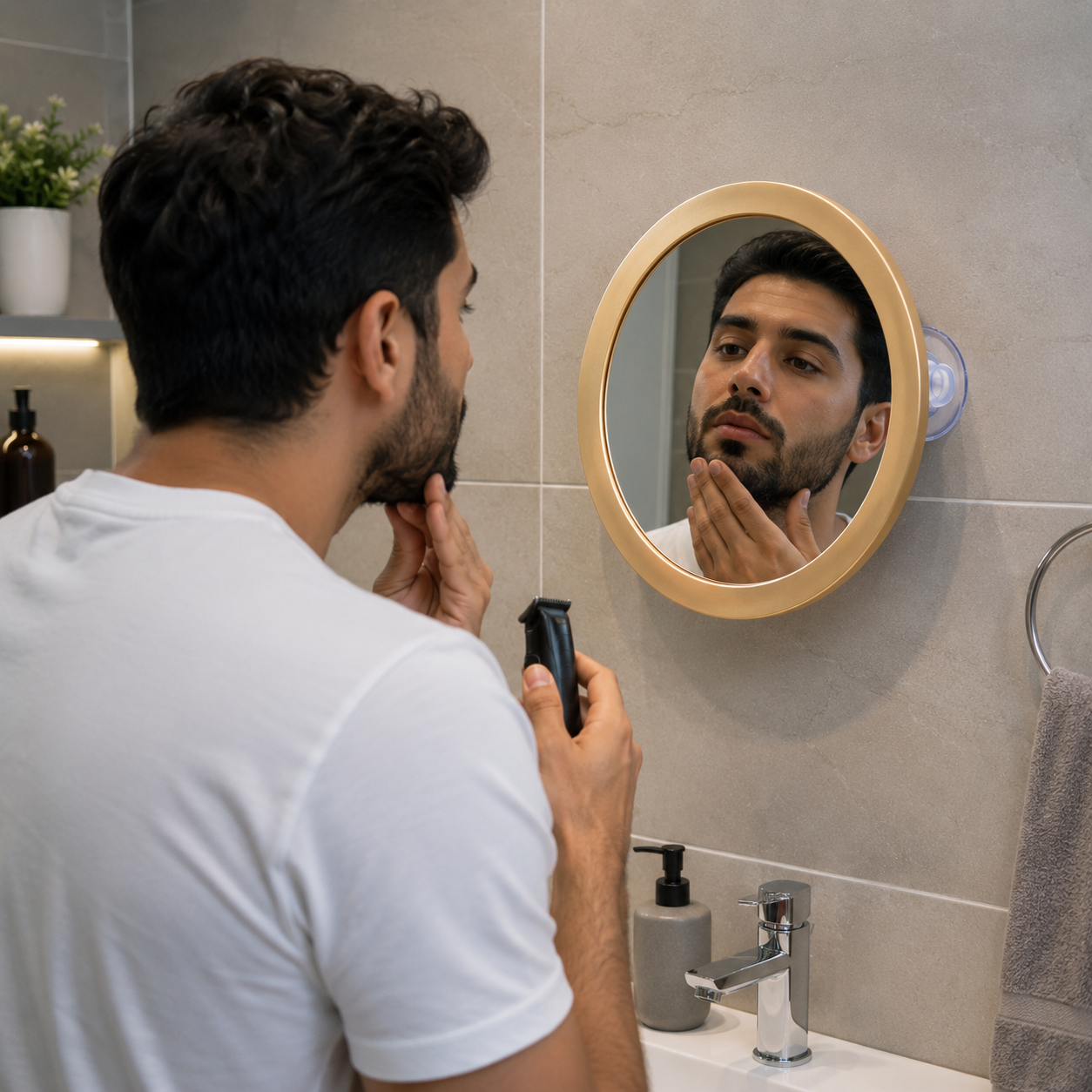 Man grooming himself with a beard trimmer in front of a 5X Magnifying Mirror on a tiled bathroom wall.