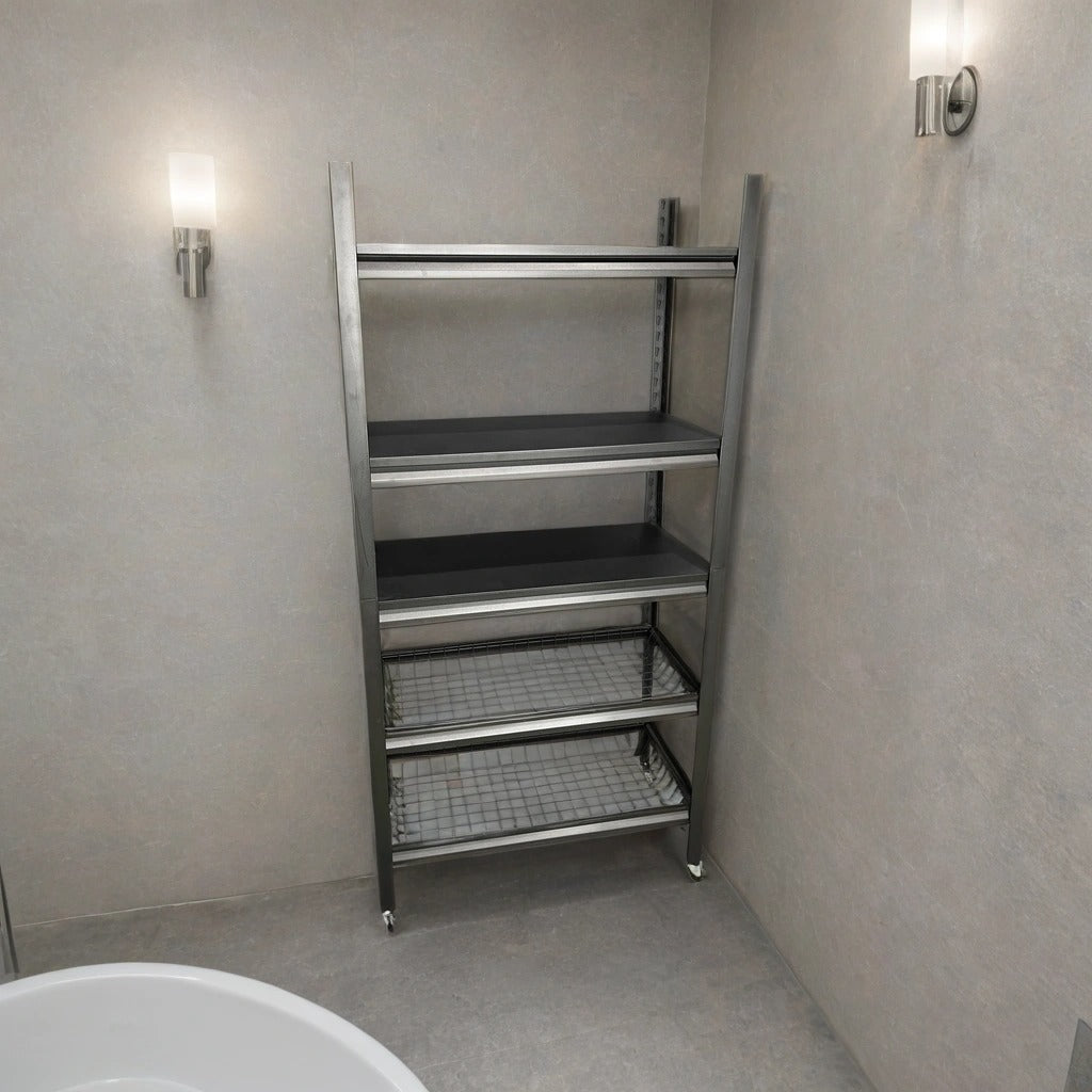 5 -Tier Storage Shelf is Placed at the Corner Of the Washroom.