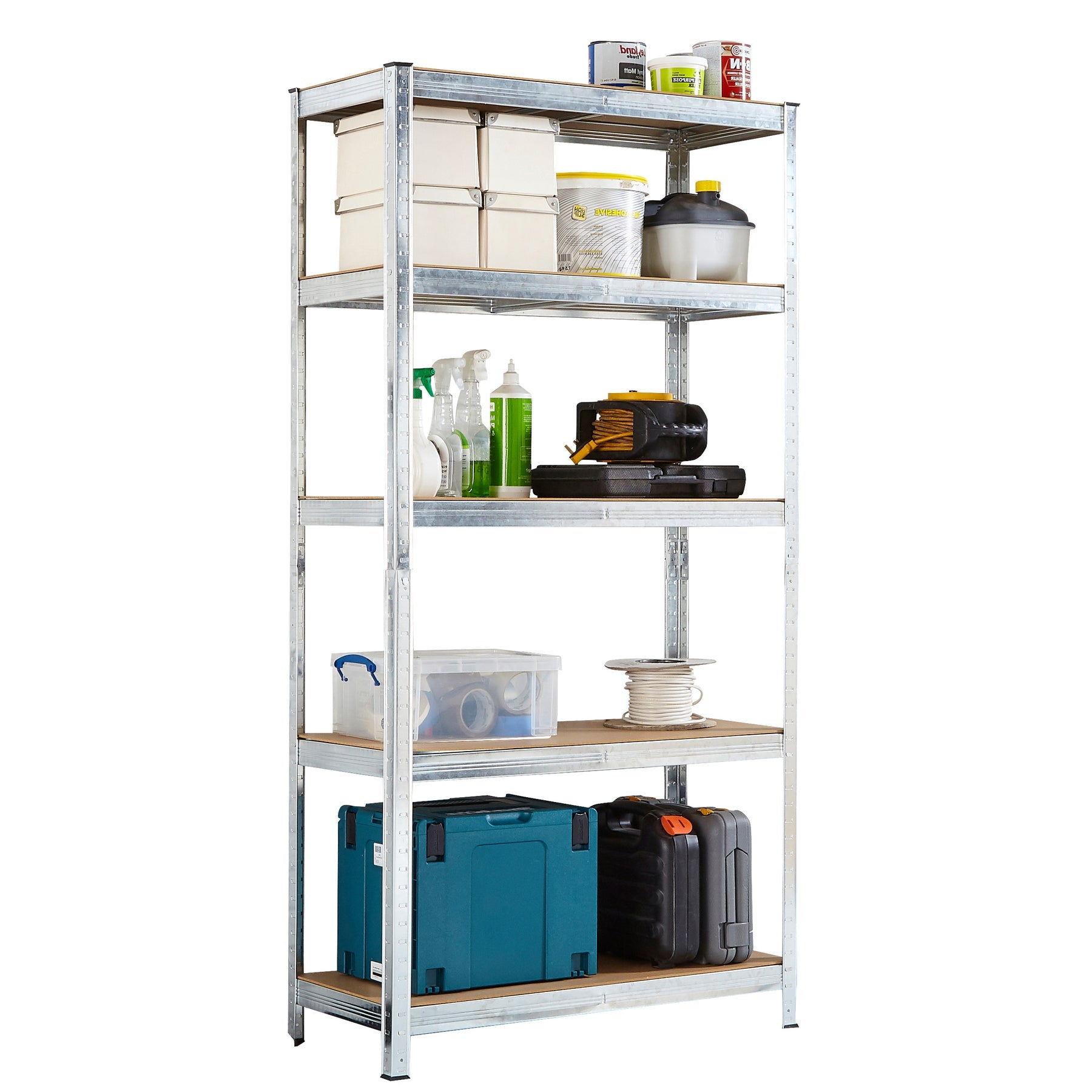 A 5 Tier Galvanized Shelving Unit is Organized with Some Home Essentials.