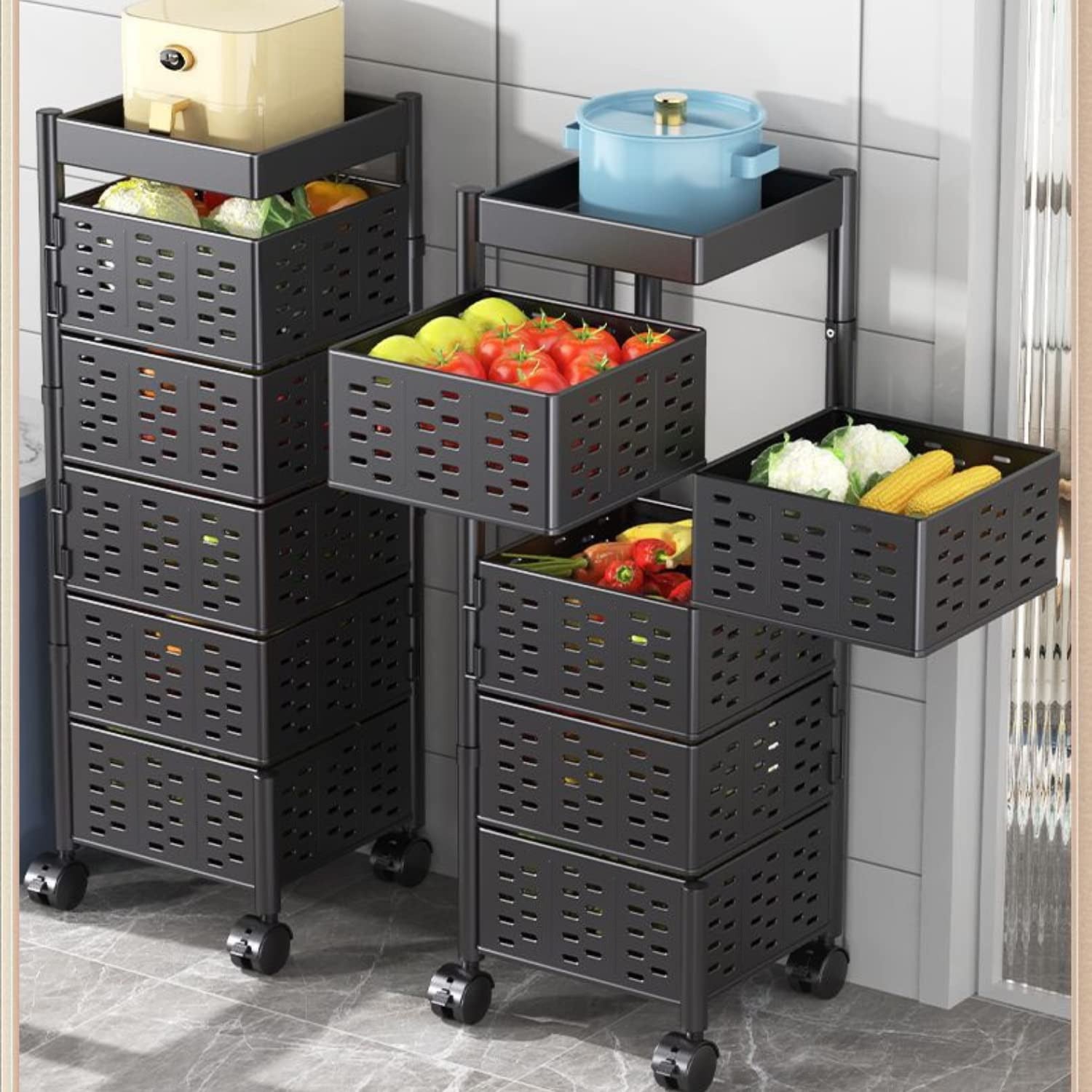 5 Tier Multipurpose Rotating Square Kitchen Storage Rack is Organized with Vegetables.