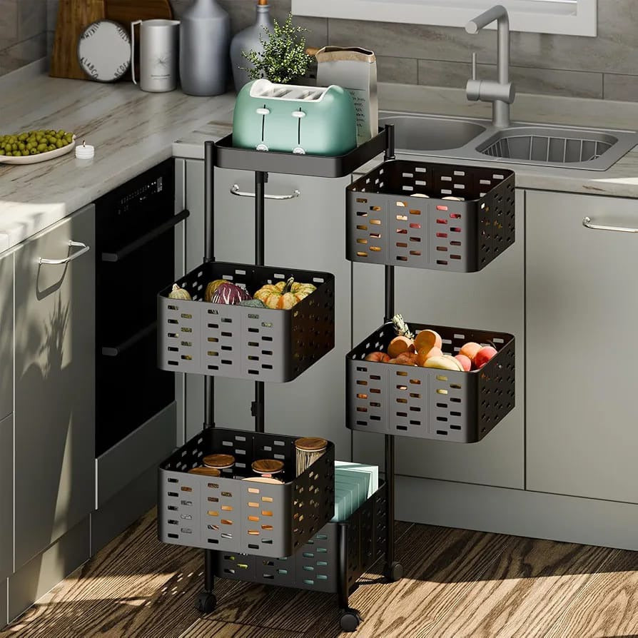 A 5 Tier Multipurpose Rotating Square Kitchen Storage Rack is Placed at Kitchen Organized with veggies.