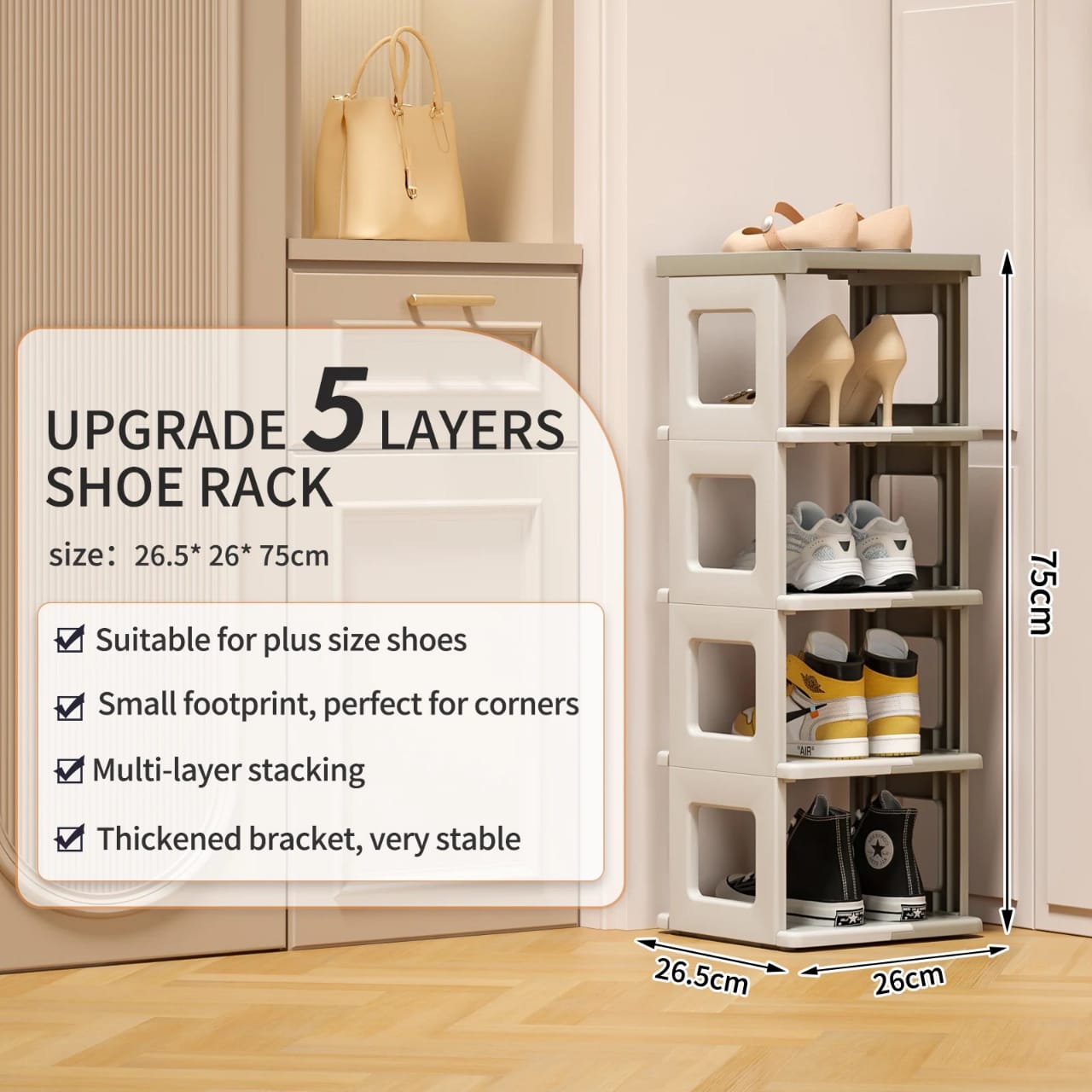 Shoes and Bags are Arranged on a 5 Layer Foldable Shoe Rack Shelf.