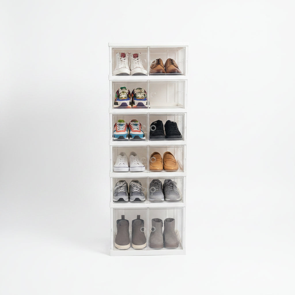 Clear plastic shoe organizer with shoes on a white background