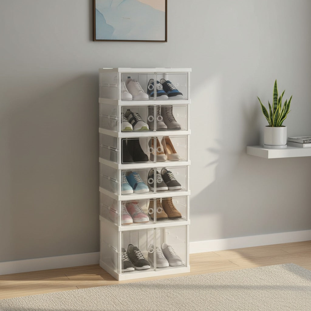 6-Layer Foldable Shoe Storage Cabinet  with transparent doors displaying various shoes in a room with a plant and framed picture.