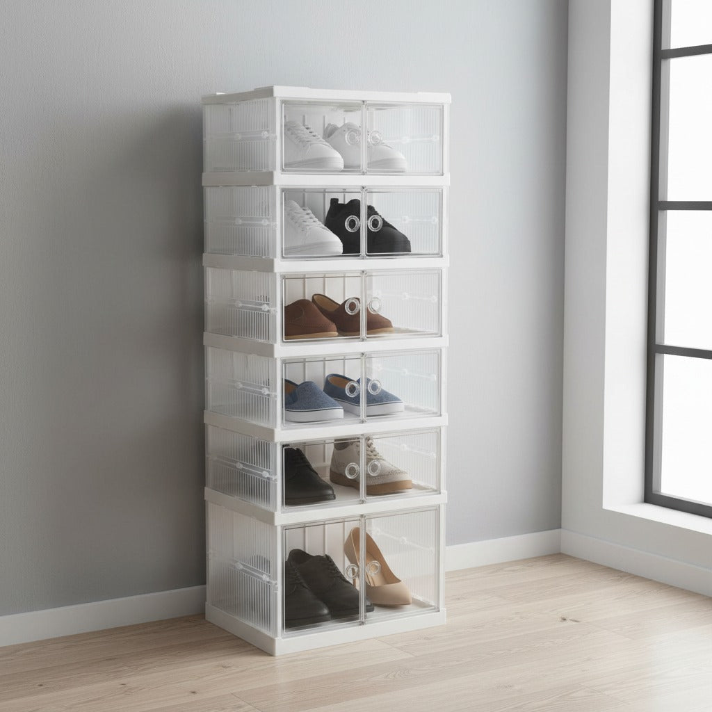 6-Layer Foldable Shoe Storage Cabinet  with shoes inside against a gray wall.