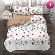 6-piece bedding set with floral comforter, fitted sheet, and pillow covers on a king bed.