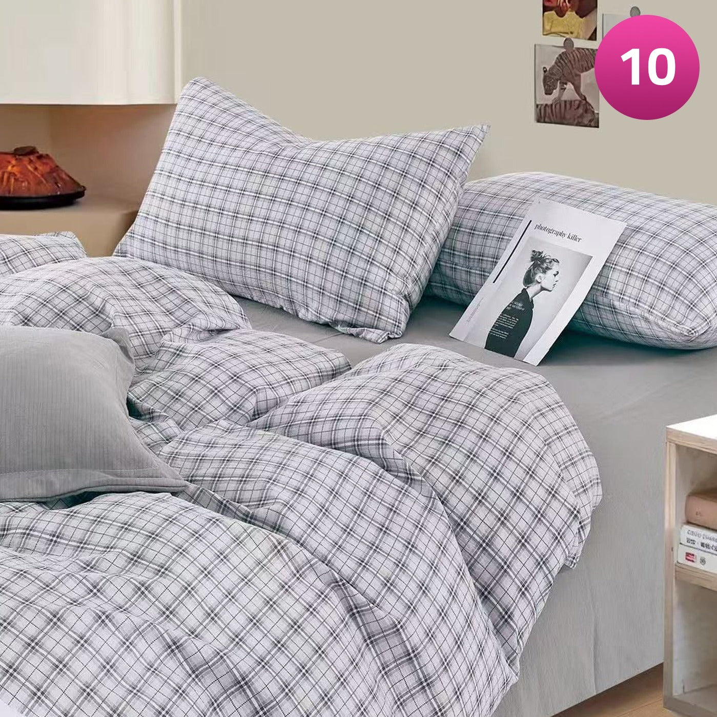 6-piece bedding set with floral comforter, fitted sheet, and pillow covers on a king bed.