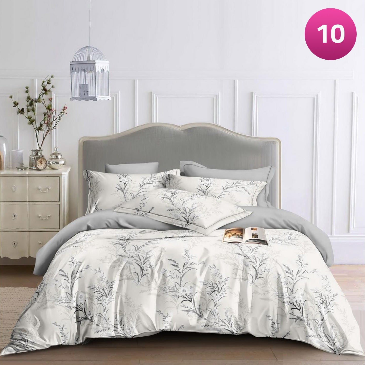 6-piece bedding set with floral comforter, fitted sheet, and pillow covers on a king bed.