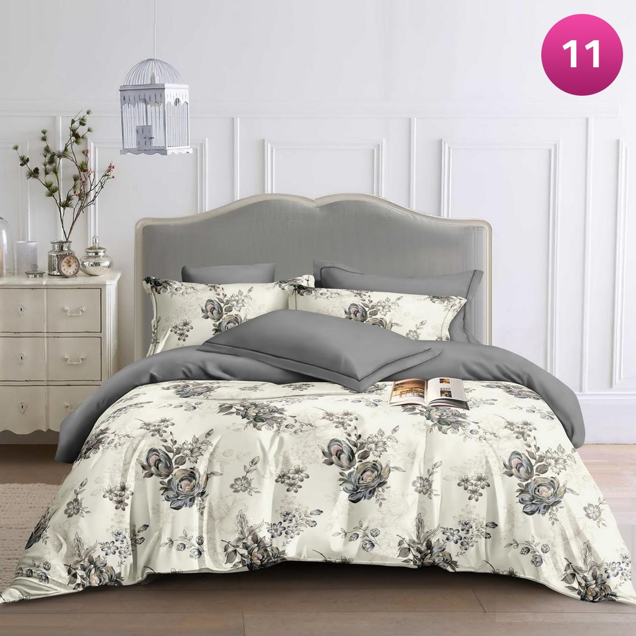 6-piece bedding set with floral comforter, fitted sheet, and pillow covers on a king bed.