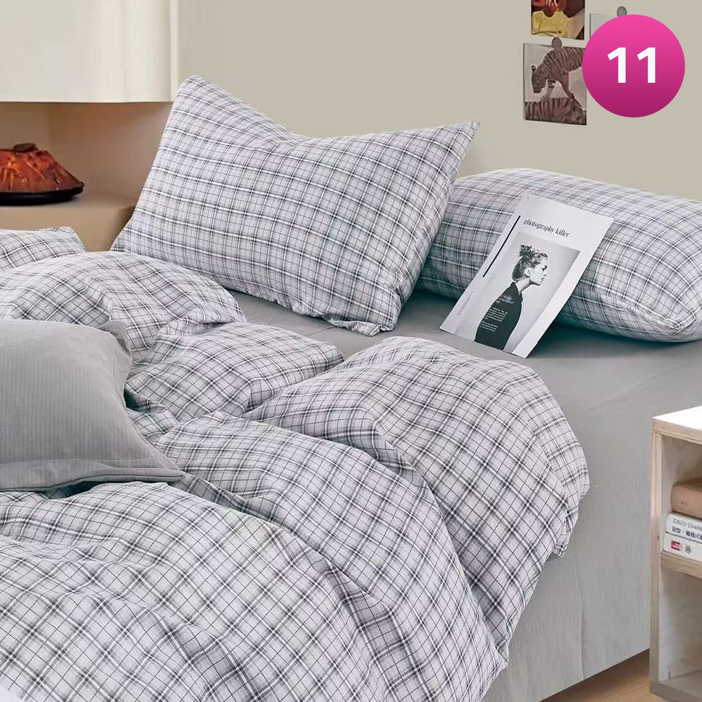 6-piece bedding set with floral comforter, fitted sheet, and pillow covers on a king bed.