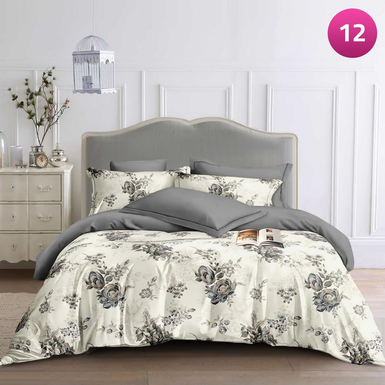 6-piece bedding set with floral comforter, fitted sheet, and pillow covers on a king bed.