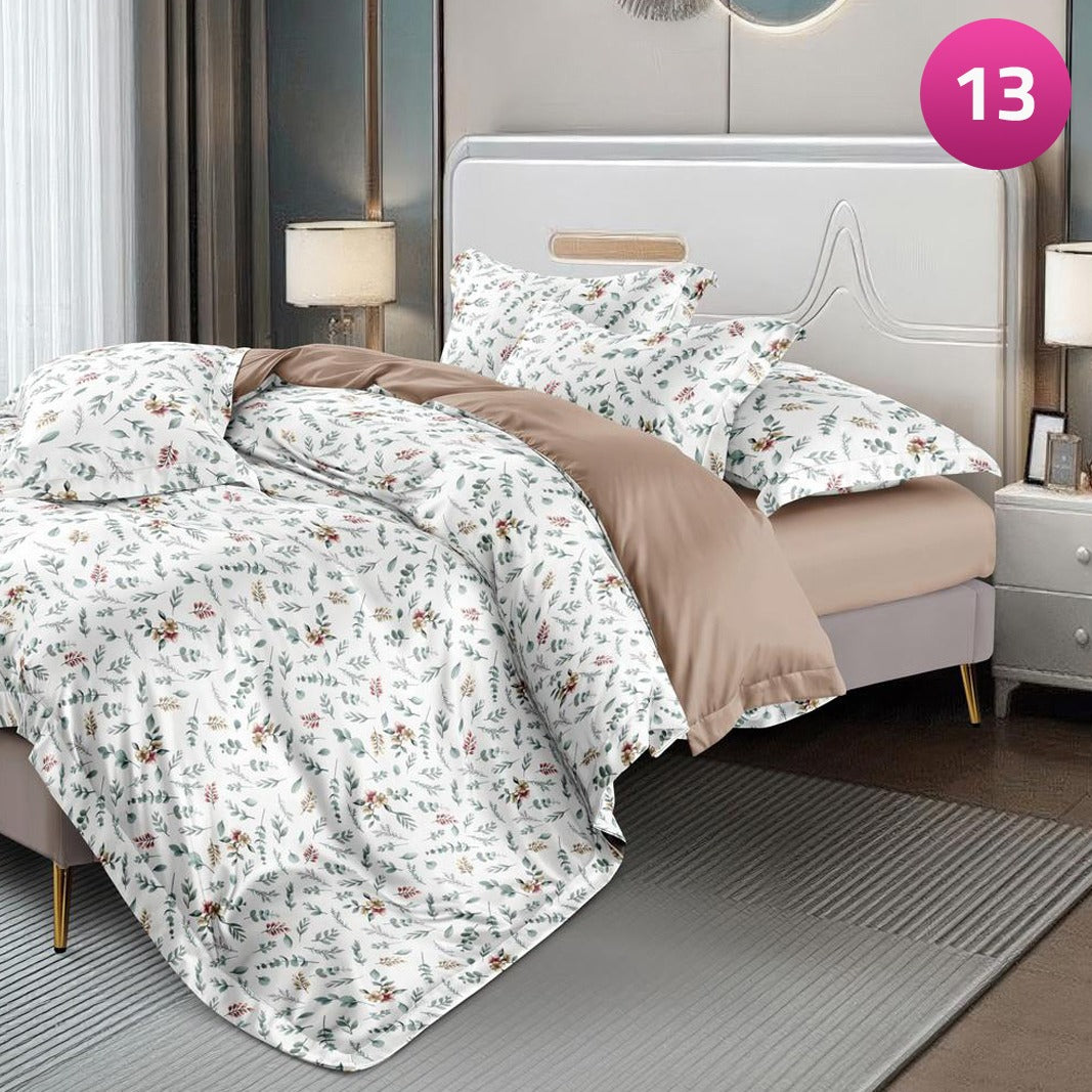 6-piece bedding set with floral comforter, fitted sheet, and pillow covers on a king bed.