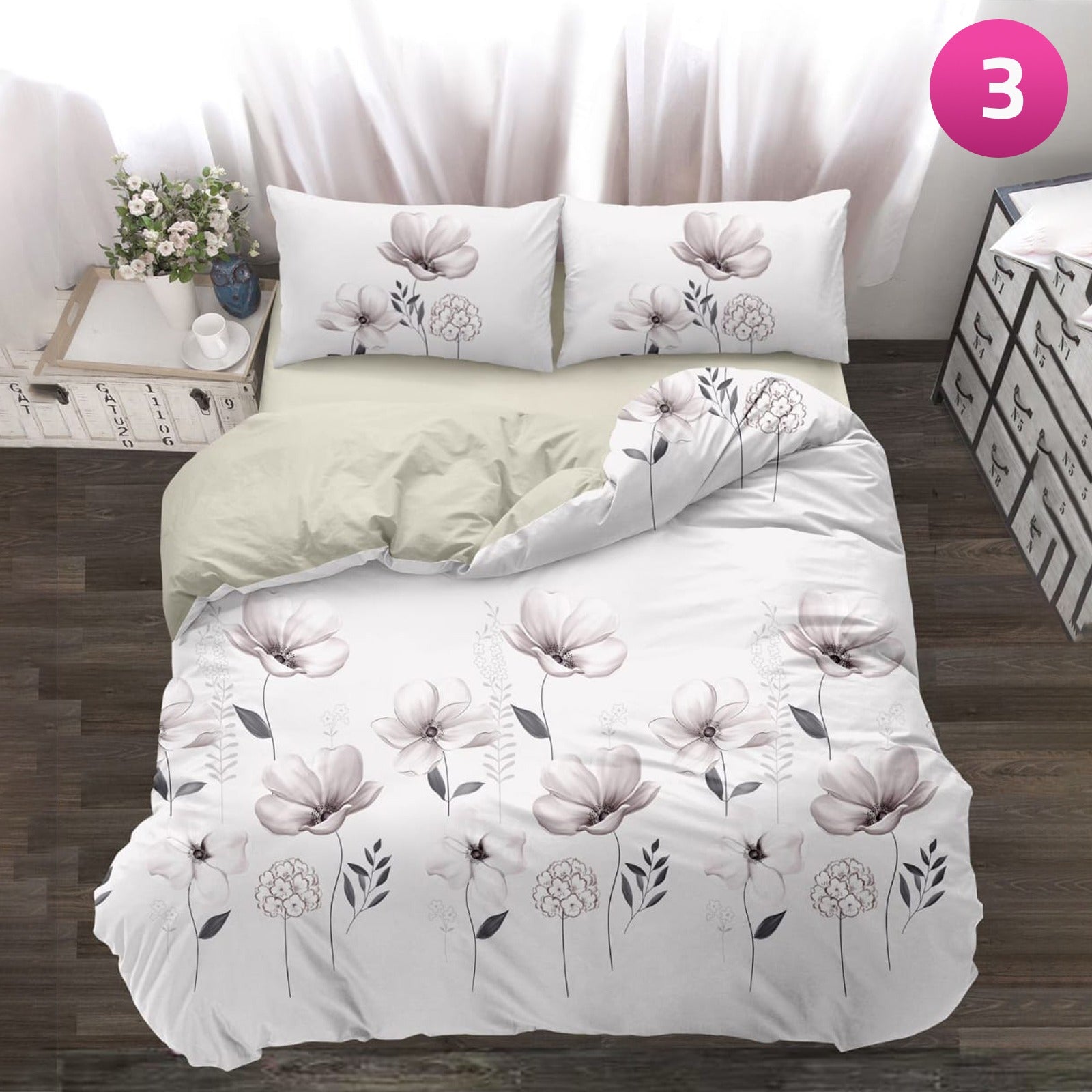 6-piece bedding set with floral comforter, fitted sheet, and pillow covers on a king bed.