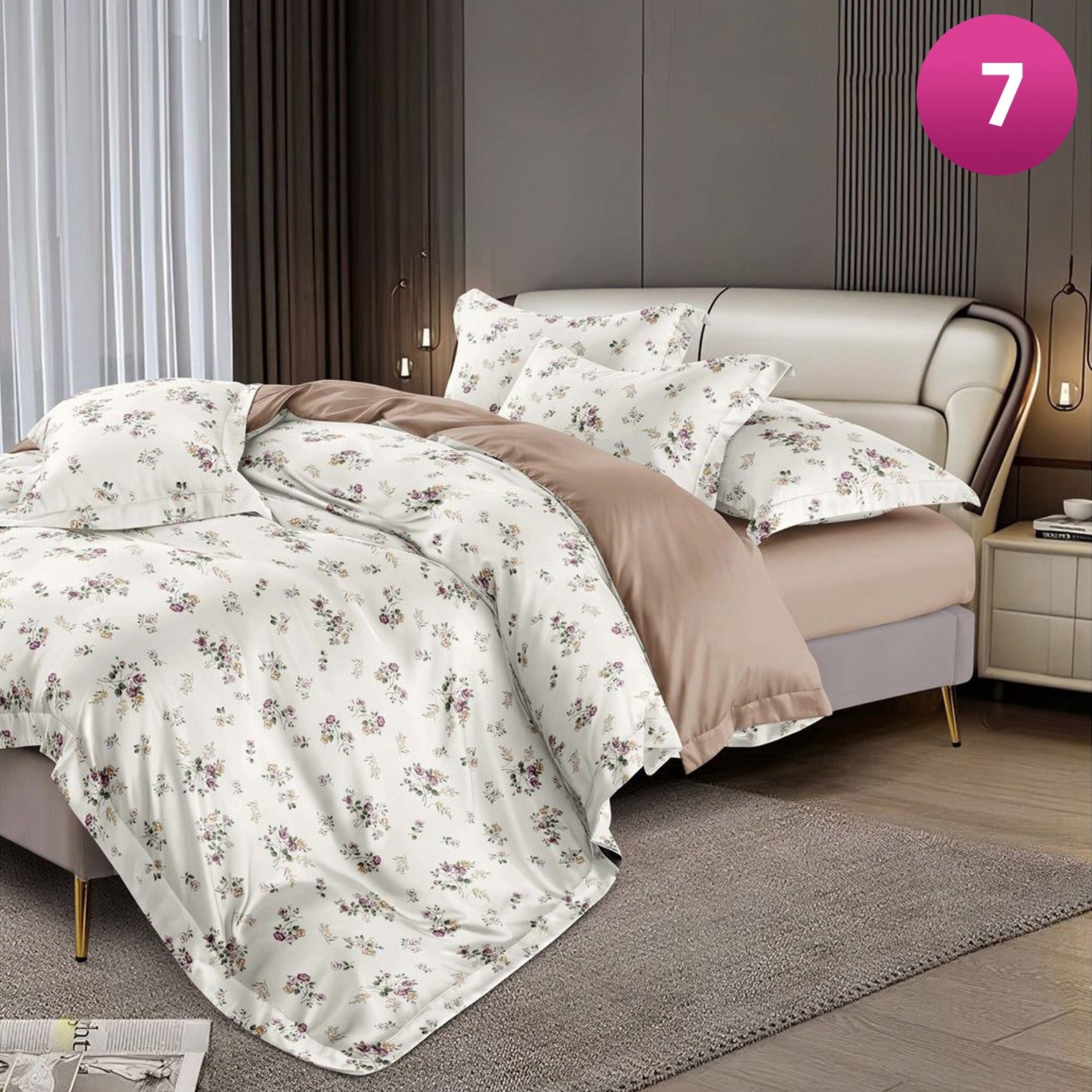6-piece bedding set with floral comforter, fitted sheet, and pillow covers on a king bed.
