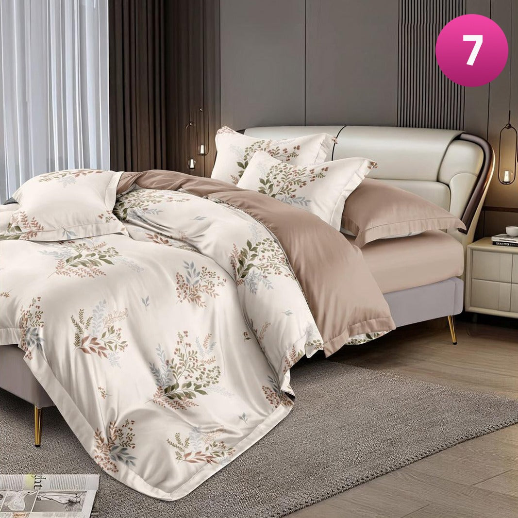 6-piece bedding set with floral comforter, fitted sheet, and pillow covers on a king bed.