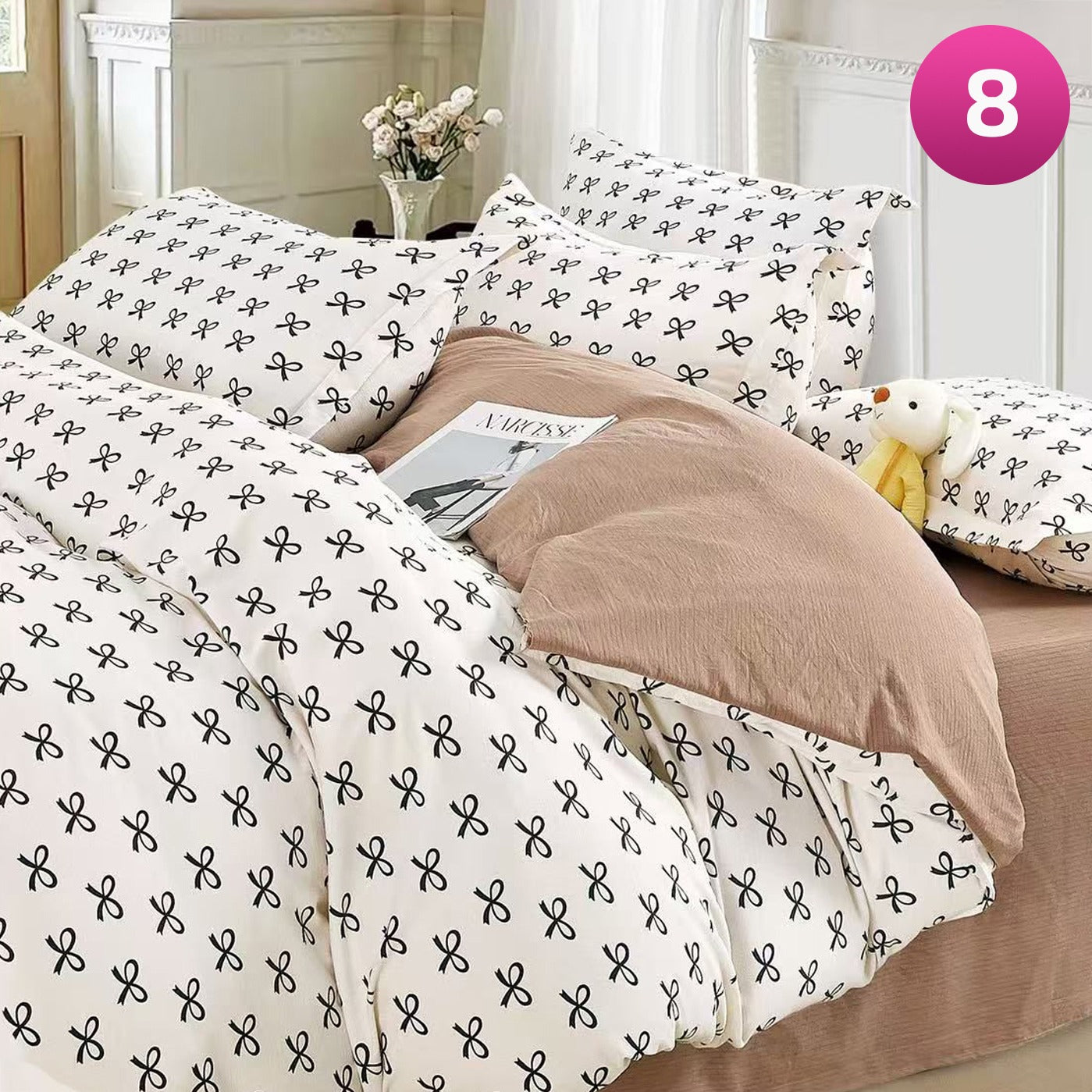 6-piece bedding set with floral comforter, fitted sheet, and pillow covers on a king bed.