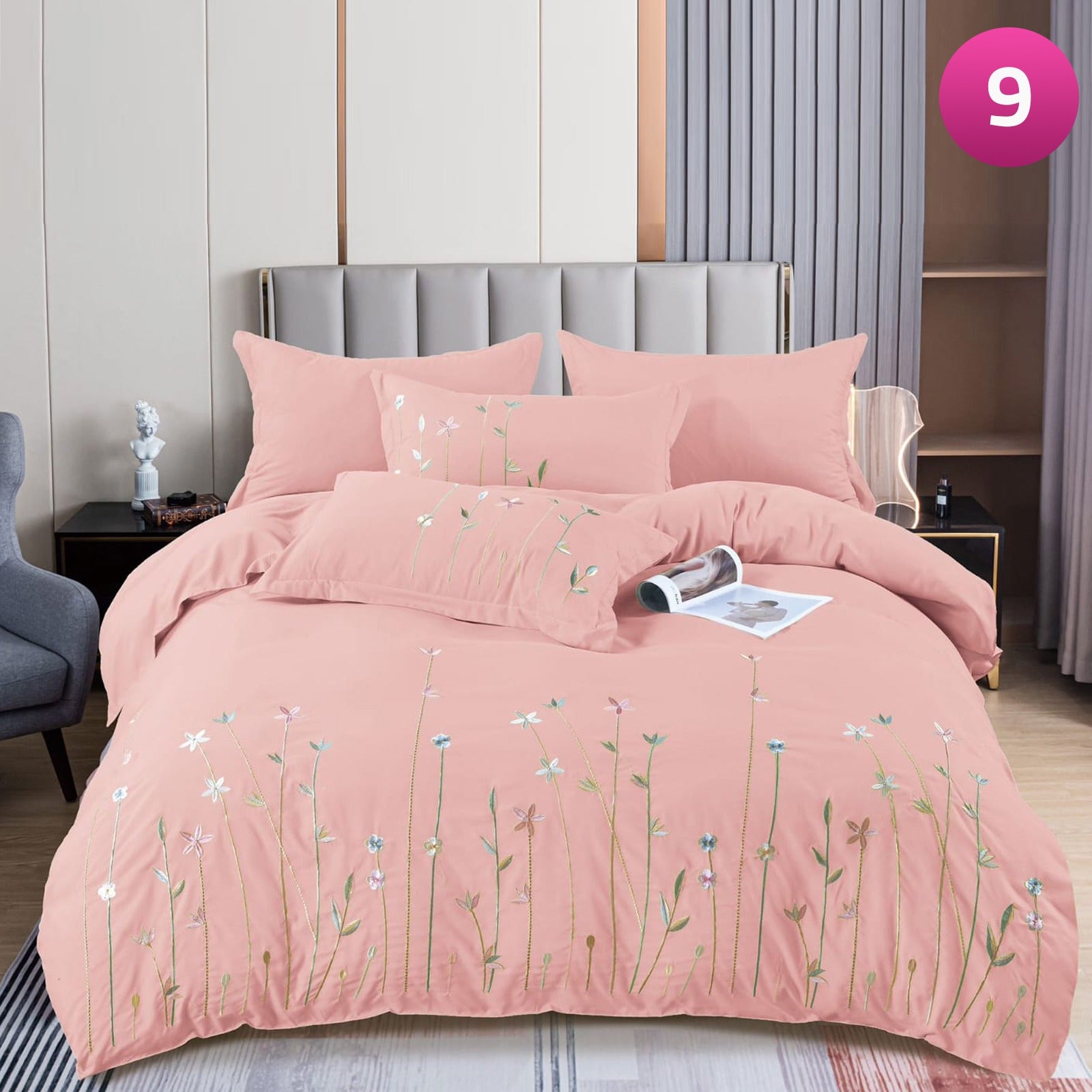 6-piece bedding set with floral comforter, fitted sheet, and pillow covers on a king bed.