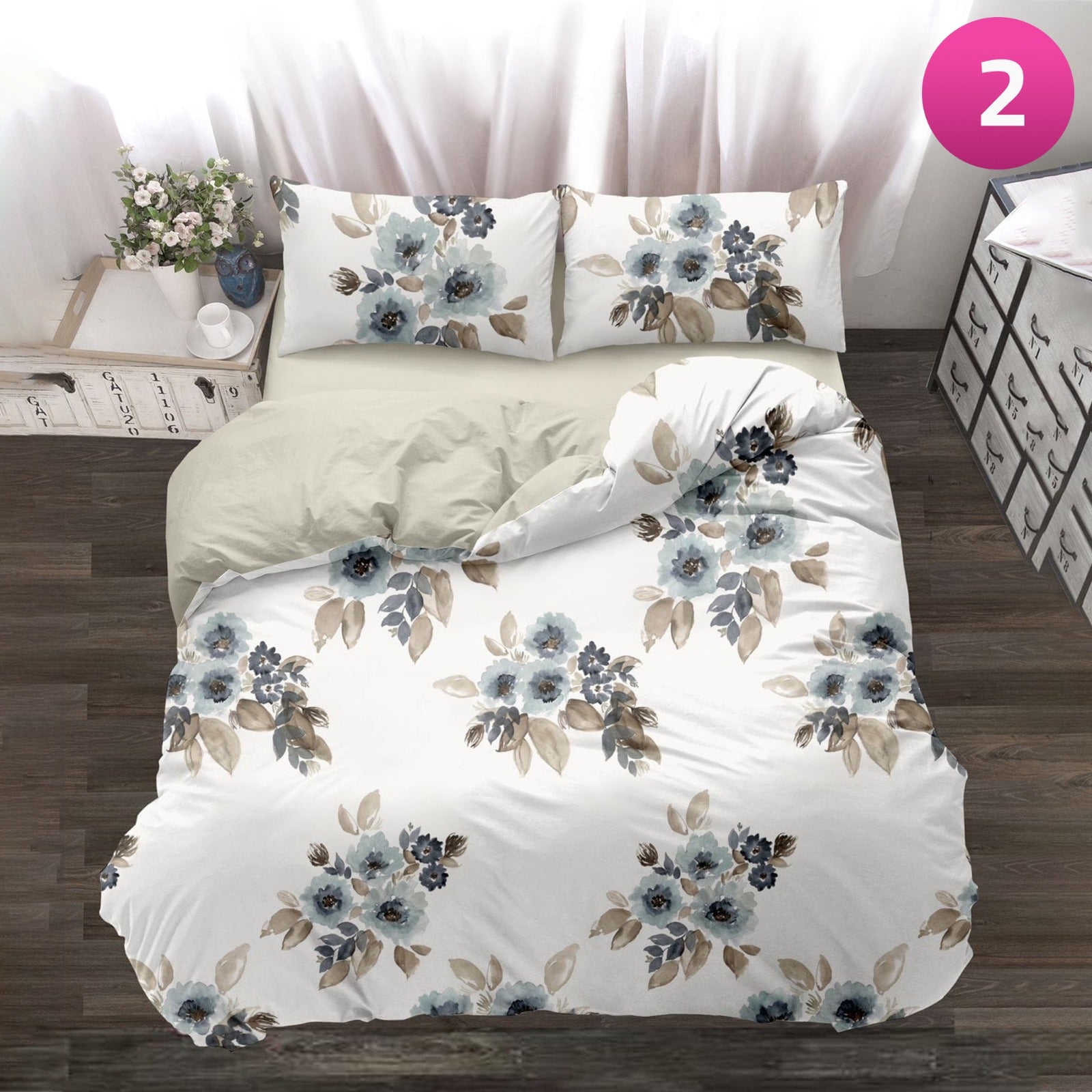 6-piece bedding set with floral comforter, fitted sheet, and pillow covers on a king bed.
