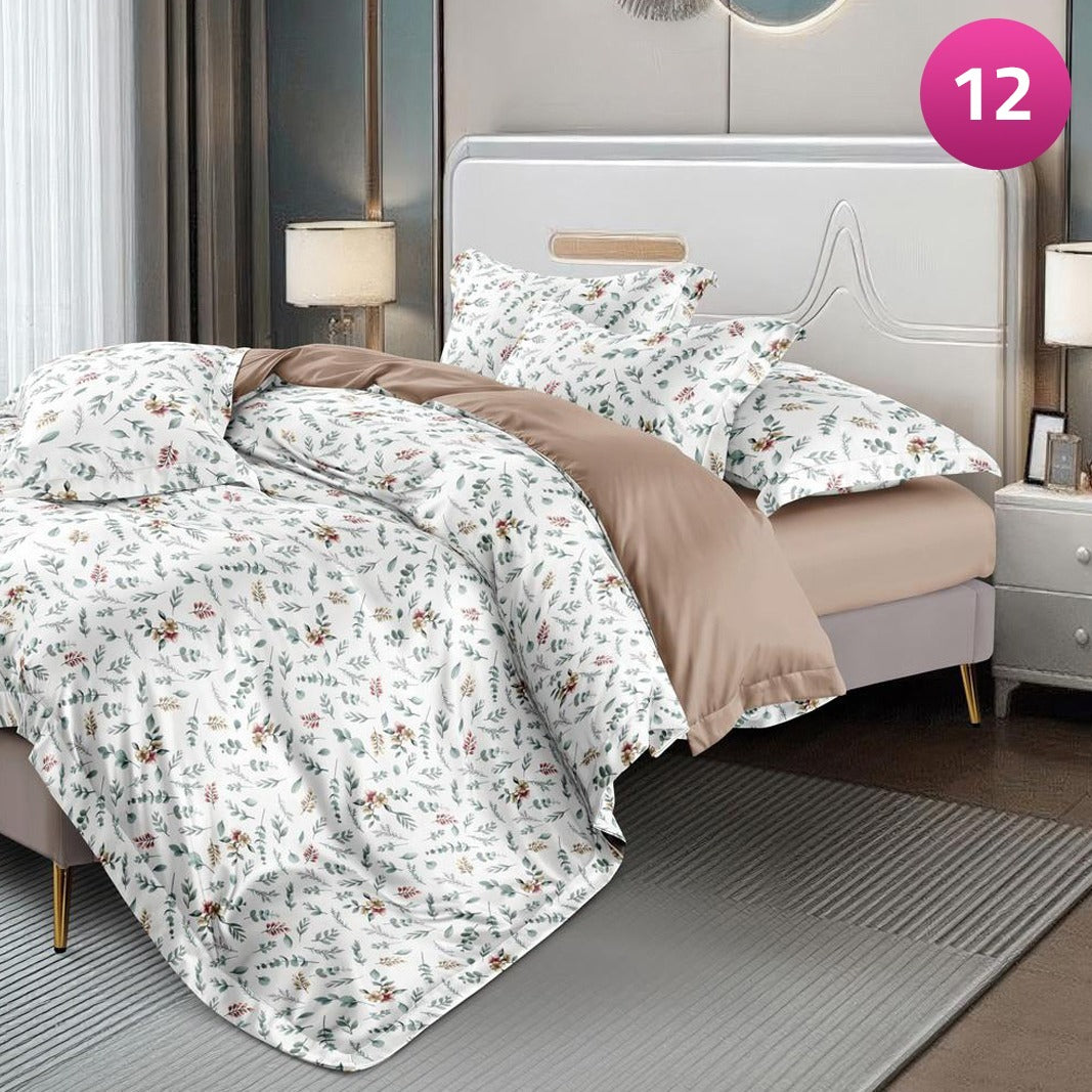 6-piece bedding set with floral comforter, fitted sheet, and pillow covers on a king bed.