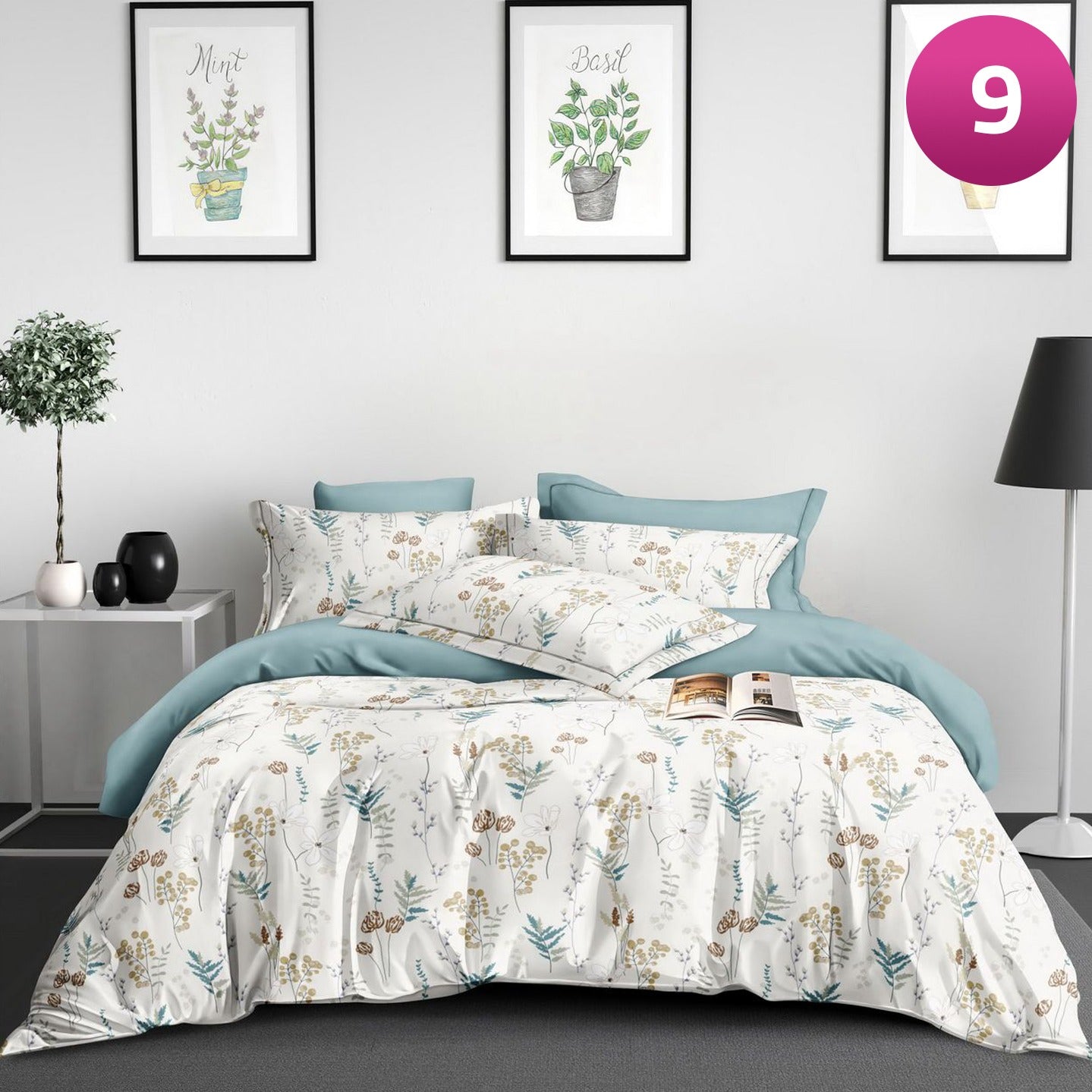 6-piece bedding set with floral comforter, fitted sheet, and pillow covers on a king bed.