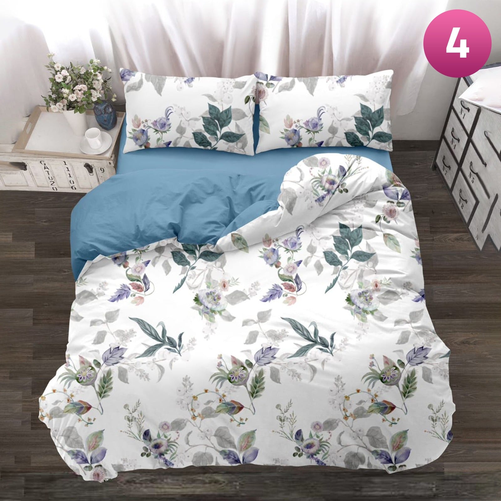 6-piece bedding set with floral comforter, fitted sheet, and pillow covers on a king bed.