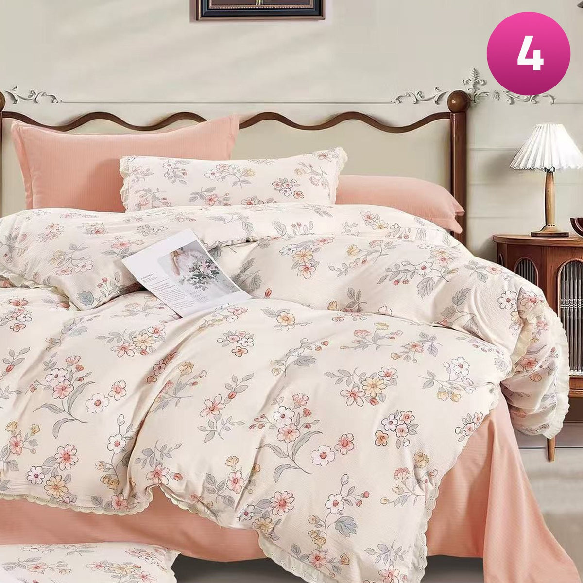 6-piece bedding set with floral comforter, fitted sheet, and pillow covers on a king bed.