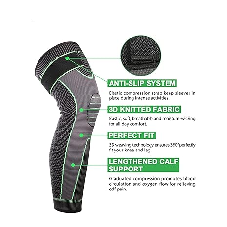 Full Leg Compression Knee Support Sleeves - Leg Brace for Running, Cycling, Football