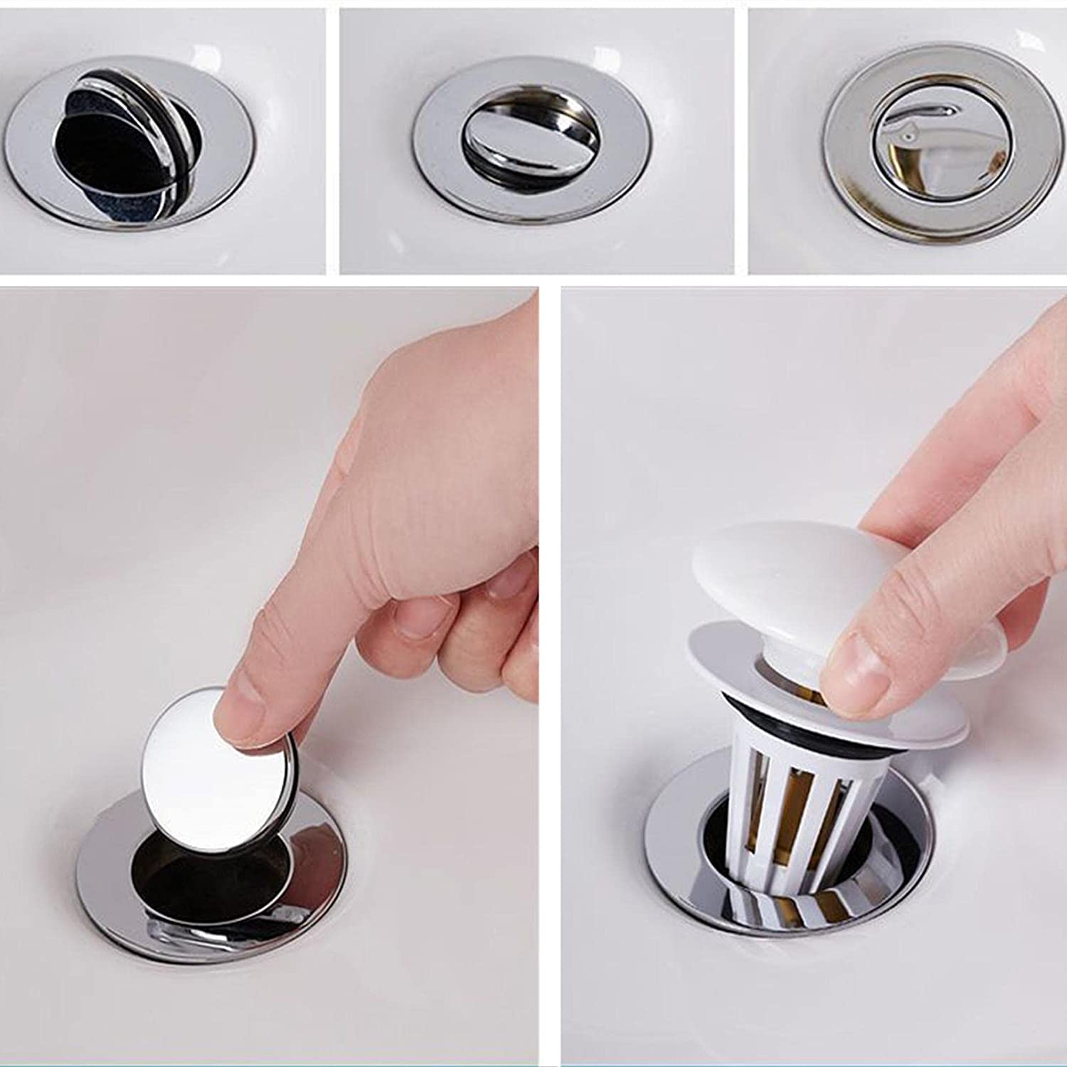 Someone placing the Bathroom Sink Stopper Drain Filter with Hair Catcher into the sink
