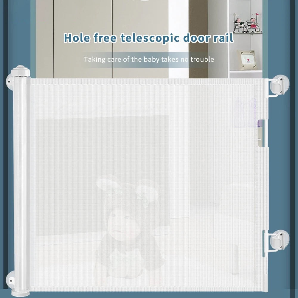 Telescopic door on a hole-free baby gate, providing a retractable safety solution for babies and pets