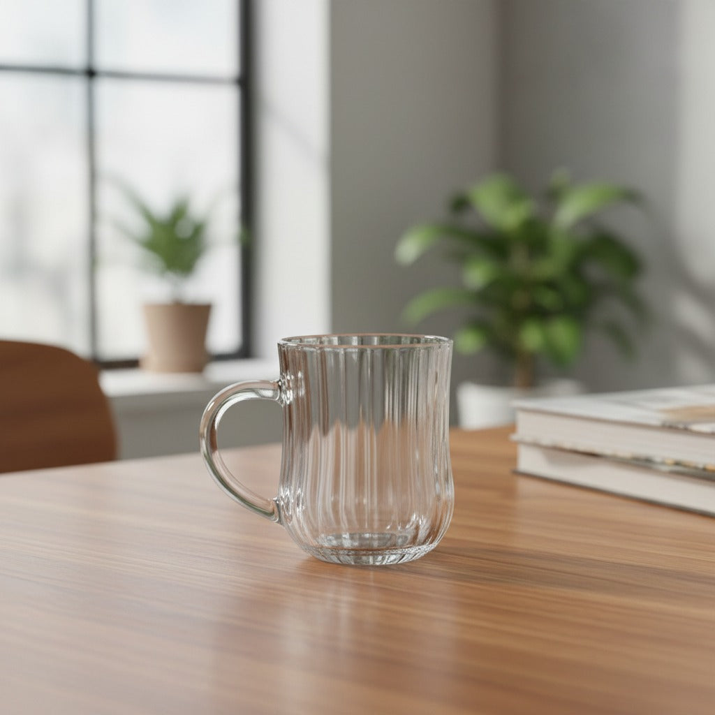 6Pcs Glass Tea Cups Set 215ml, Ribbed Clear Glass Mugs with Handle 6Pcs Glass Tea Cups Set 215ml, Ribbed Clear Glass Mugs with Handle