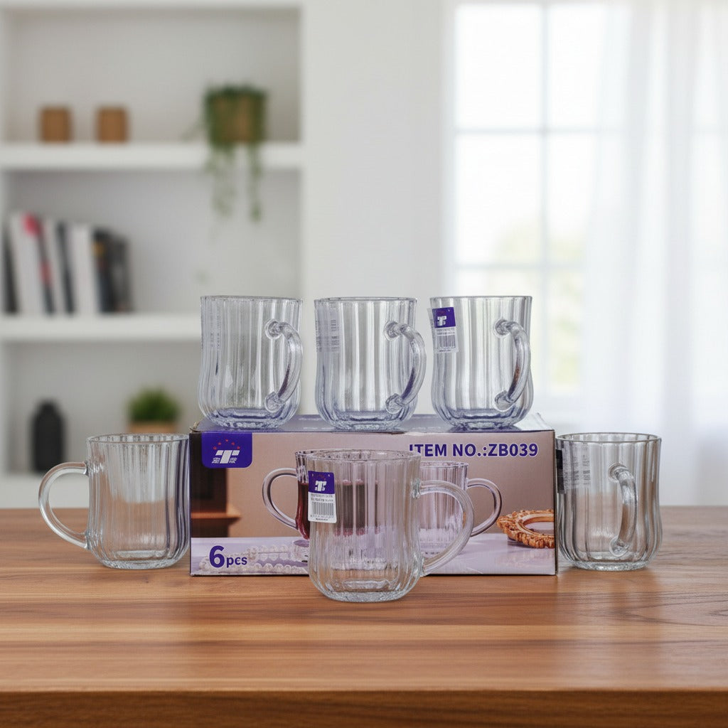 6Pcs Glass Tea Cups Set 215ml, Ribbed Clear Glass Mugs with Handle 6Pcs Glass Tea Cups Set 215ml, Ribbed Clear Glass Mugs with Handle