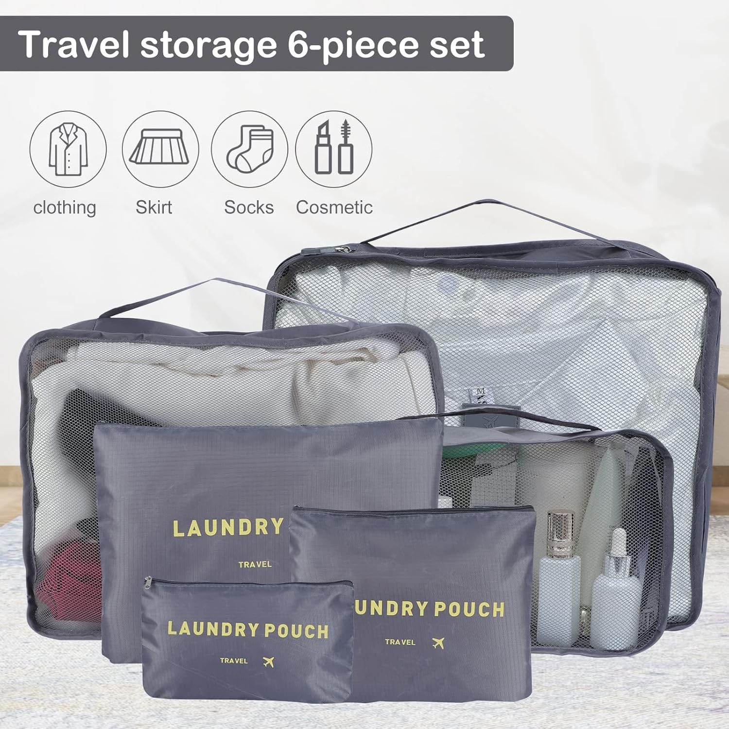  6 Pcs Travel Organizer Bags are Organized with Travel Essentials.