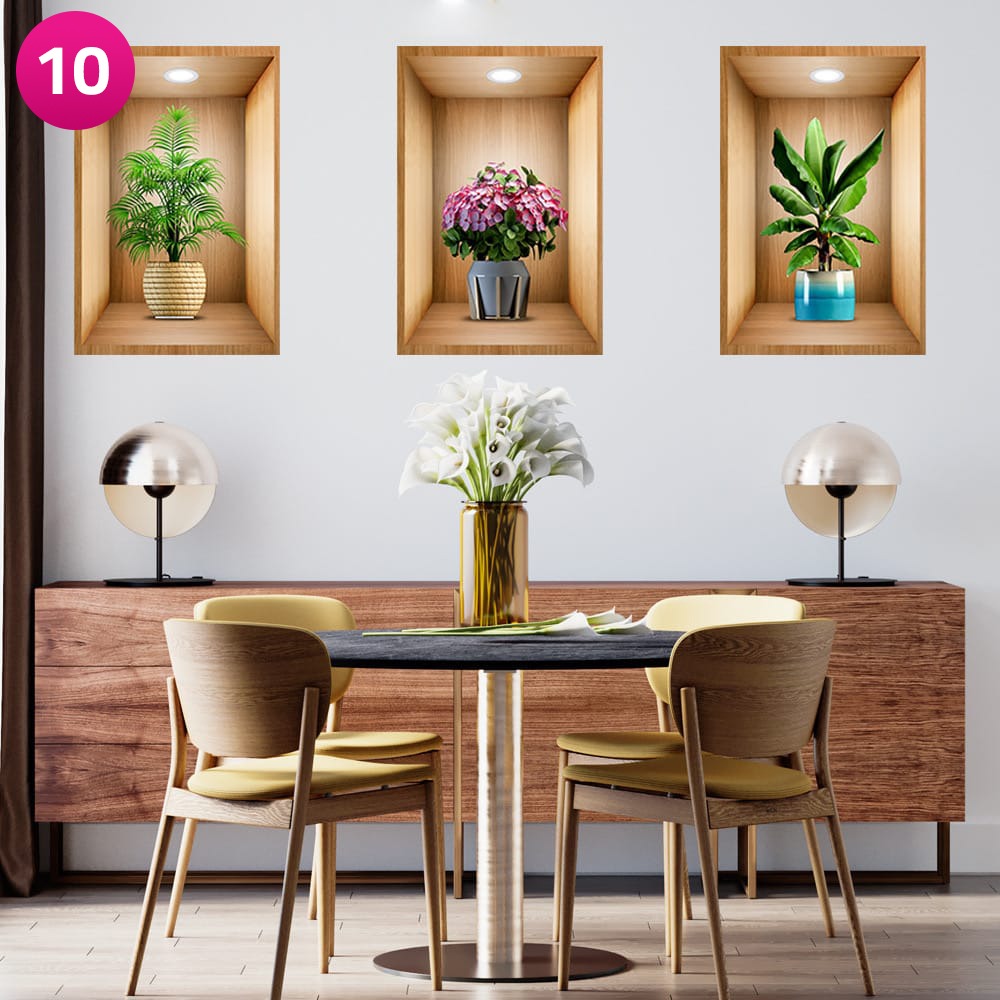 3D Effect Potted Triptych Posters, Decorative Wall Plant Stickers 3D Effect Potted Triptych Posters, Decorative Wall Plant Stickers