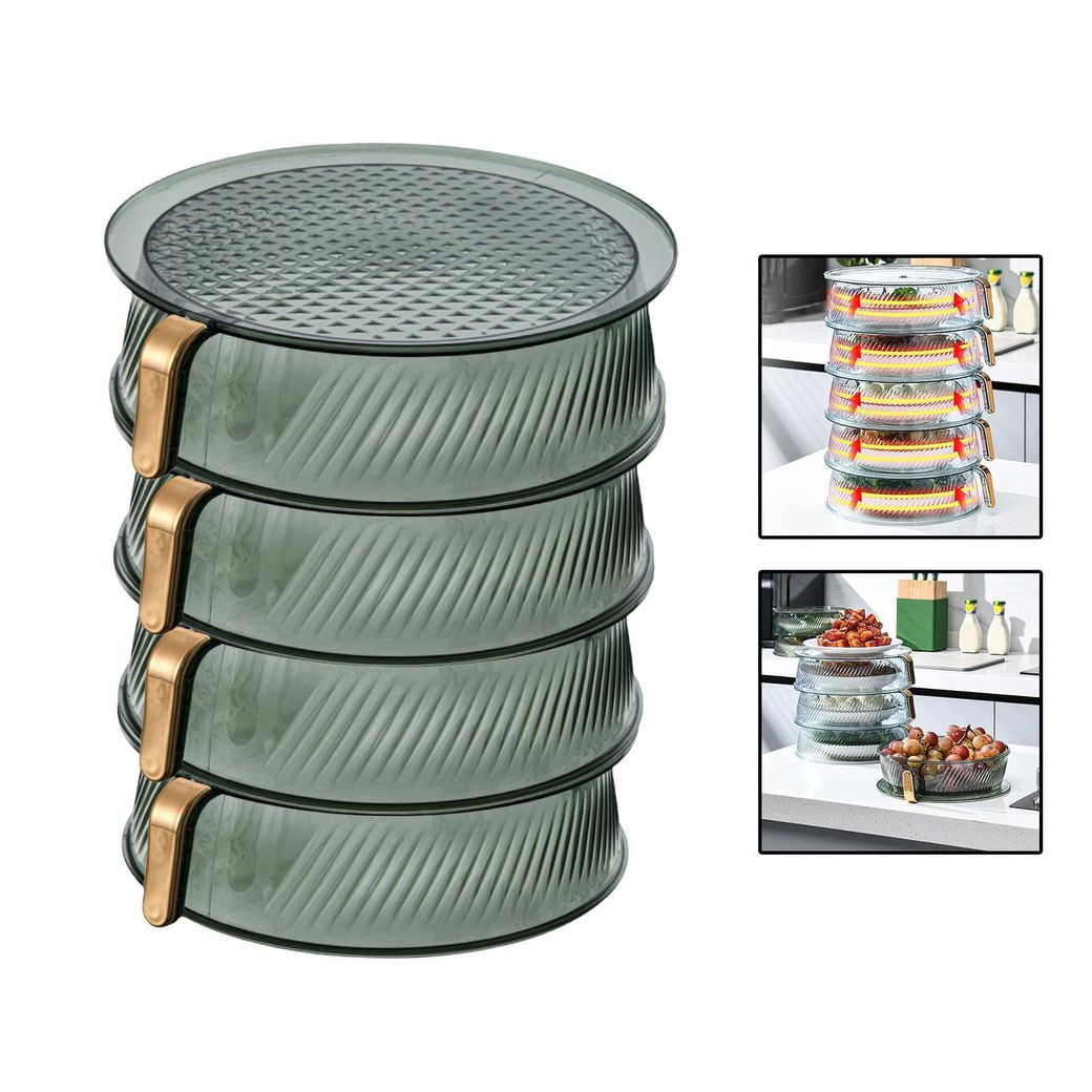 Four plastic food storage containers with handles, stackable for easy storage. Ideal for keeping fruits and vegetables fresh