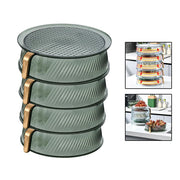 Four plastic food storage containers with handles, stackable for easy storage. Ideal for keeping fruits and vegetables fresh