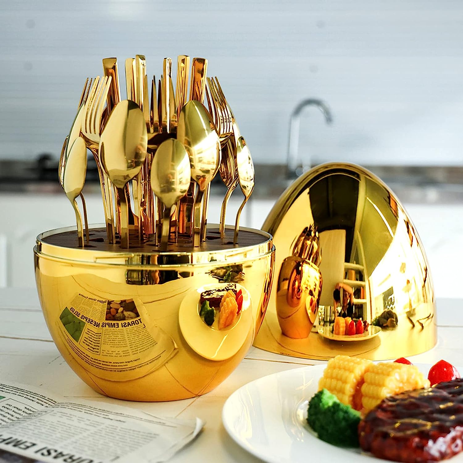Egg-Shaped Cutlery Organizer with Storage in golden color