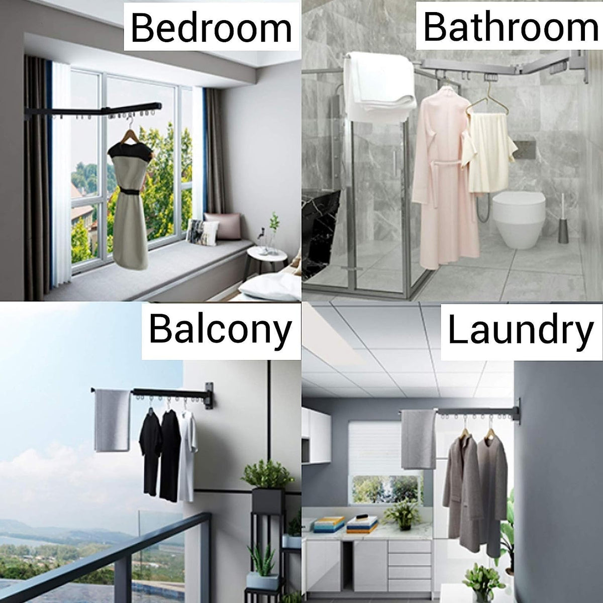 Collage image shows the suitable places to mount Collapsible Drying Hanger