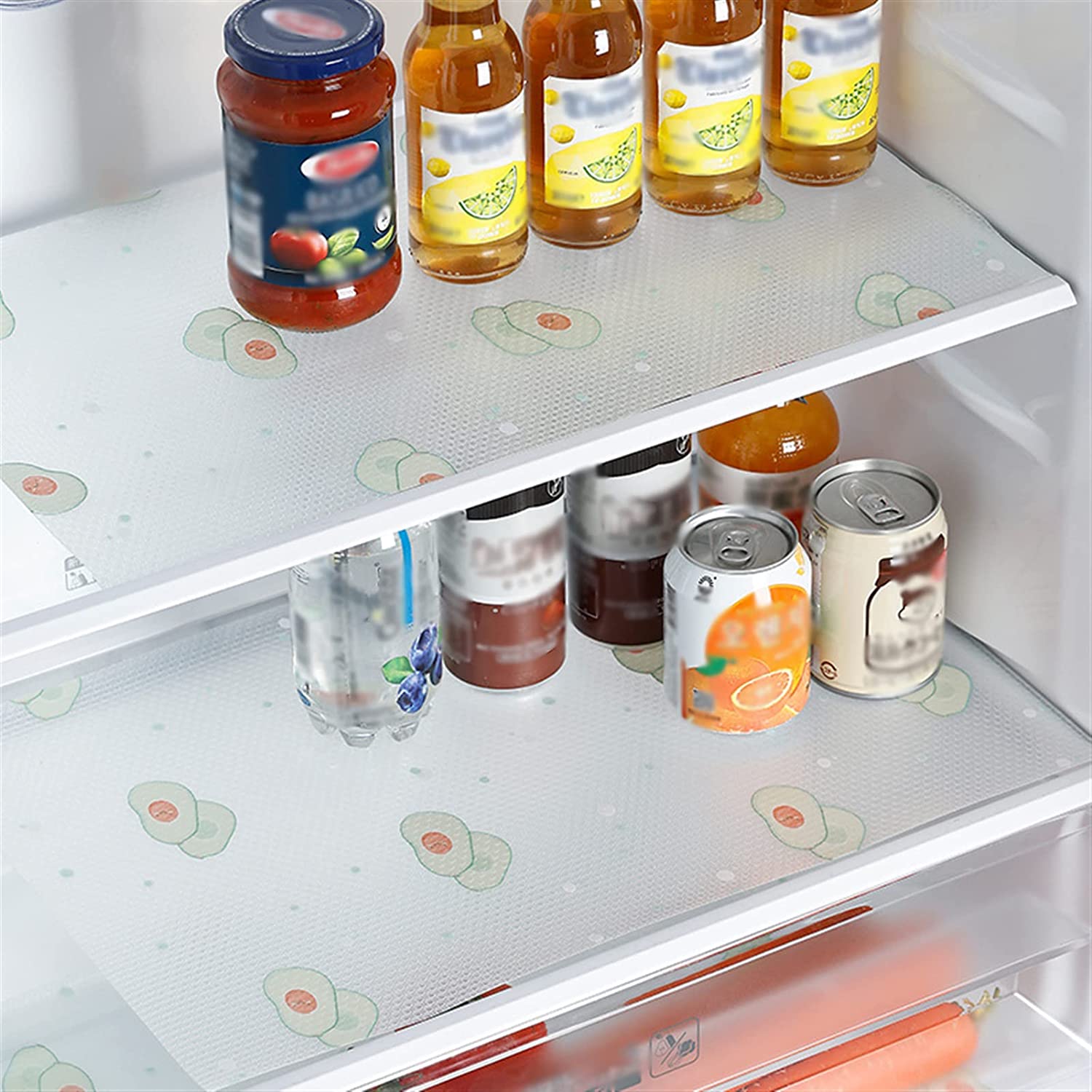 Refrigerator stocked with food and beverages, showcasing Anti-Slip Refrigerator Kitchen Cabinet Drawer Shelf Mat Liner Sheets.