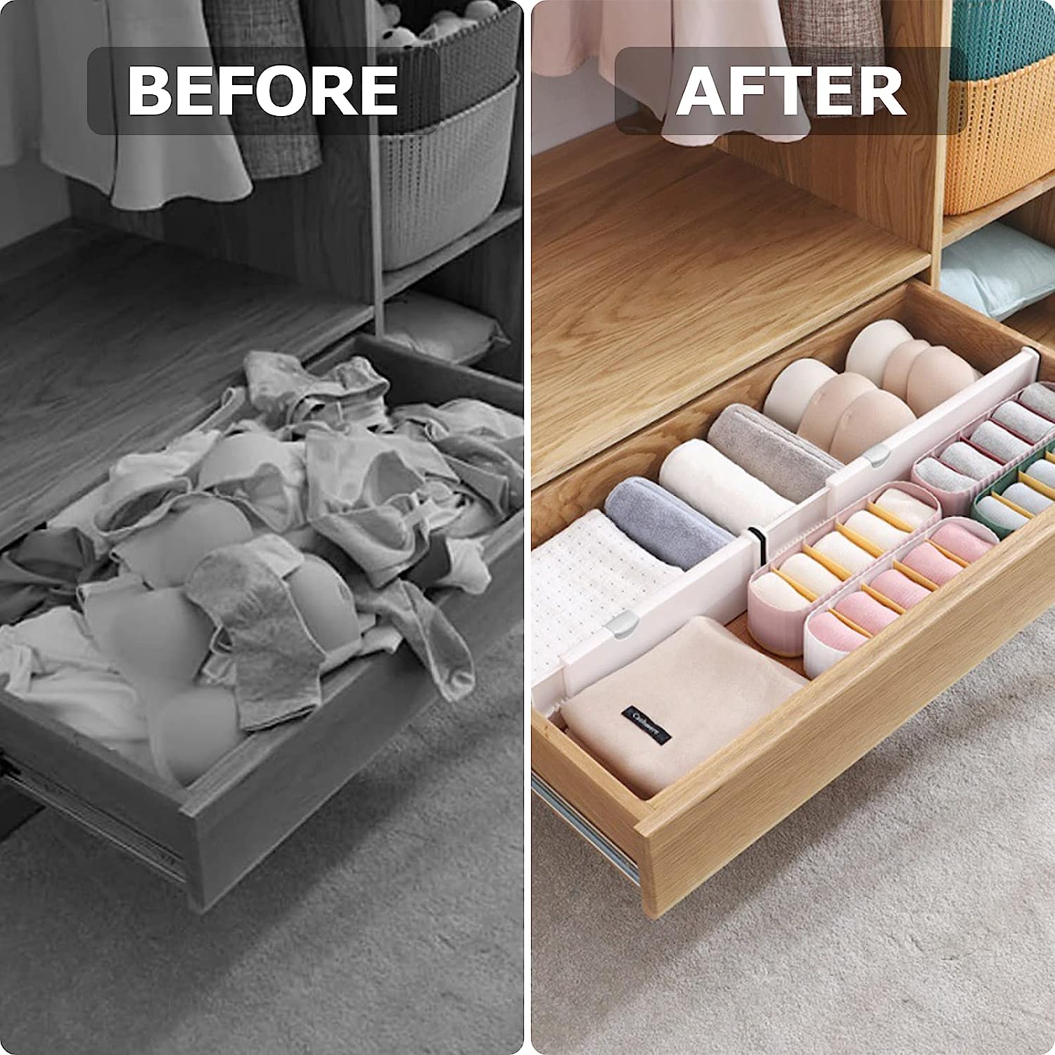 Before and after use of drawer separator