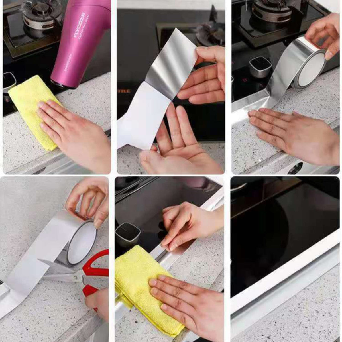Collage image showing the steps to stick the Leakproof Aluminum Foil Tape on a surface 