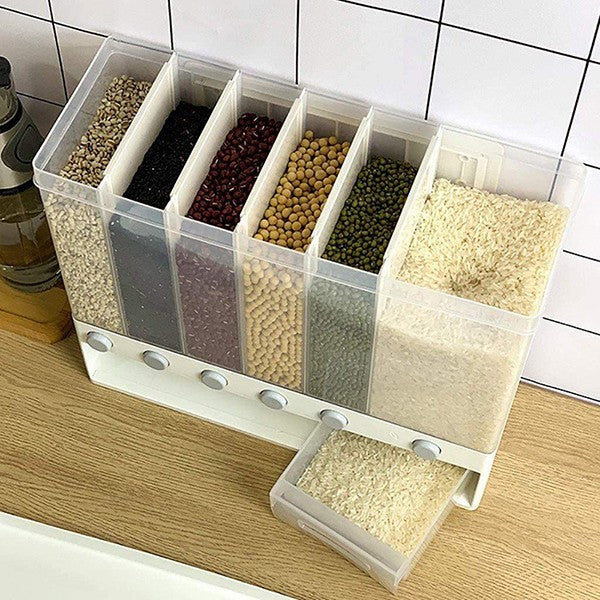 Wall Mounted 6 Grid Rectangular Food Grains Cereal Dispenser Storage Container