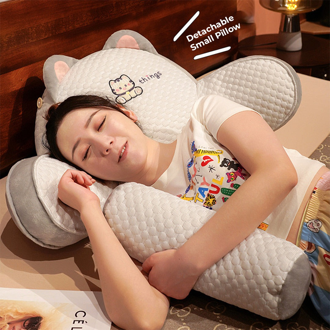 A lady sleeping on a cushion lumbar pillow