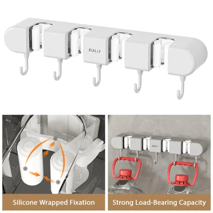 Wall-Mounted Mop Holder & Broom Hanger - with Hooks for Bathroom and Kitchen Organization