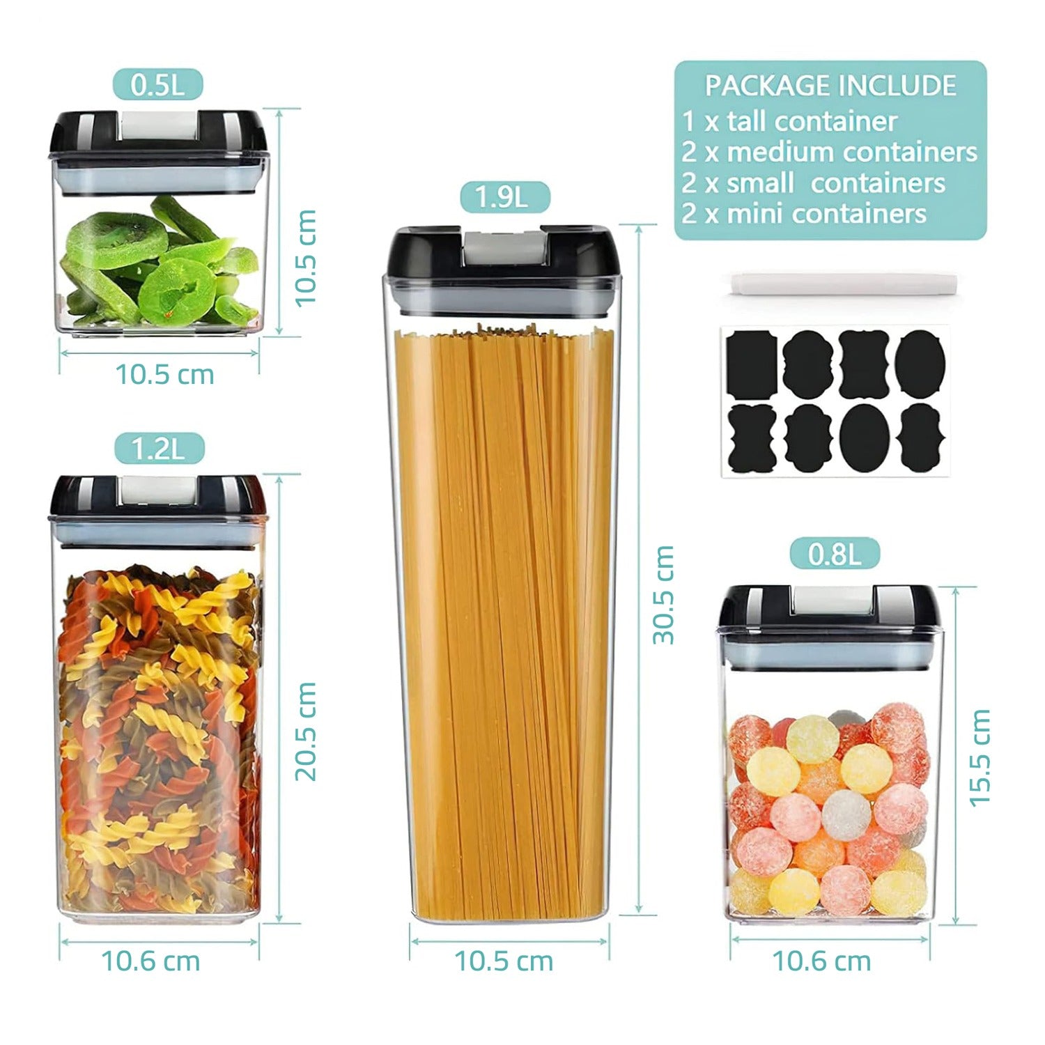 Size and Capacity Of 7 Pcs Airtight Kitchen Storage Containers Set.